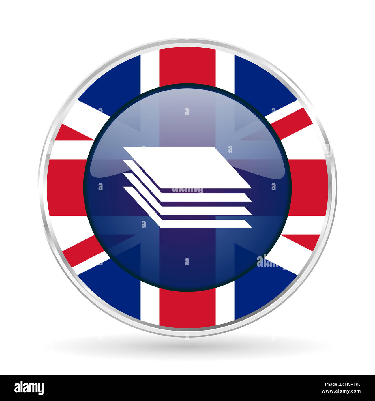 layers british design icon - round silver metallic border button with Great Britain flag Stock Photo