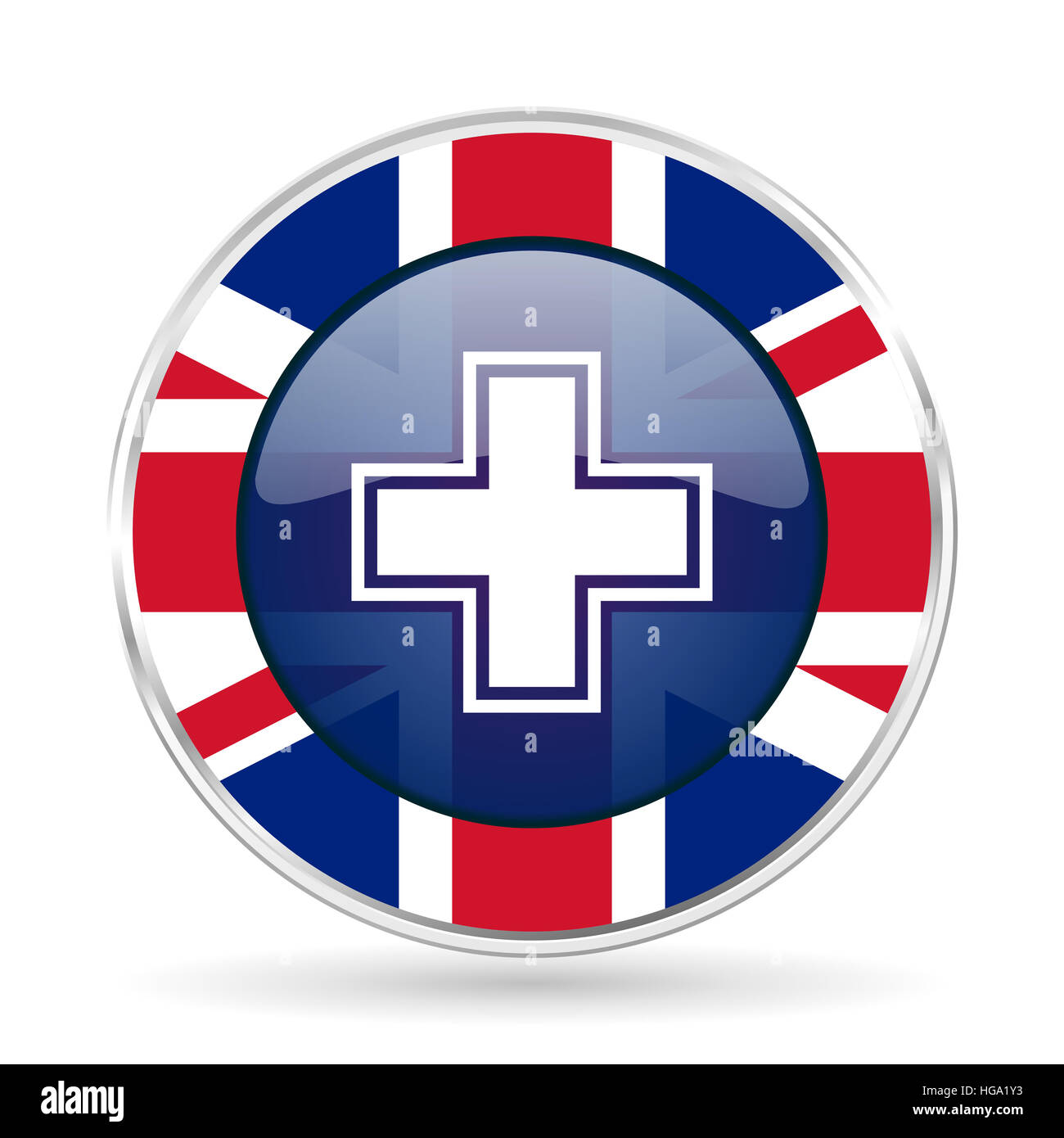 pharmacy british design icon - round silver metallic border button with Great Britain flag Stock Photo