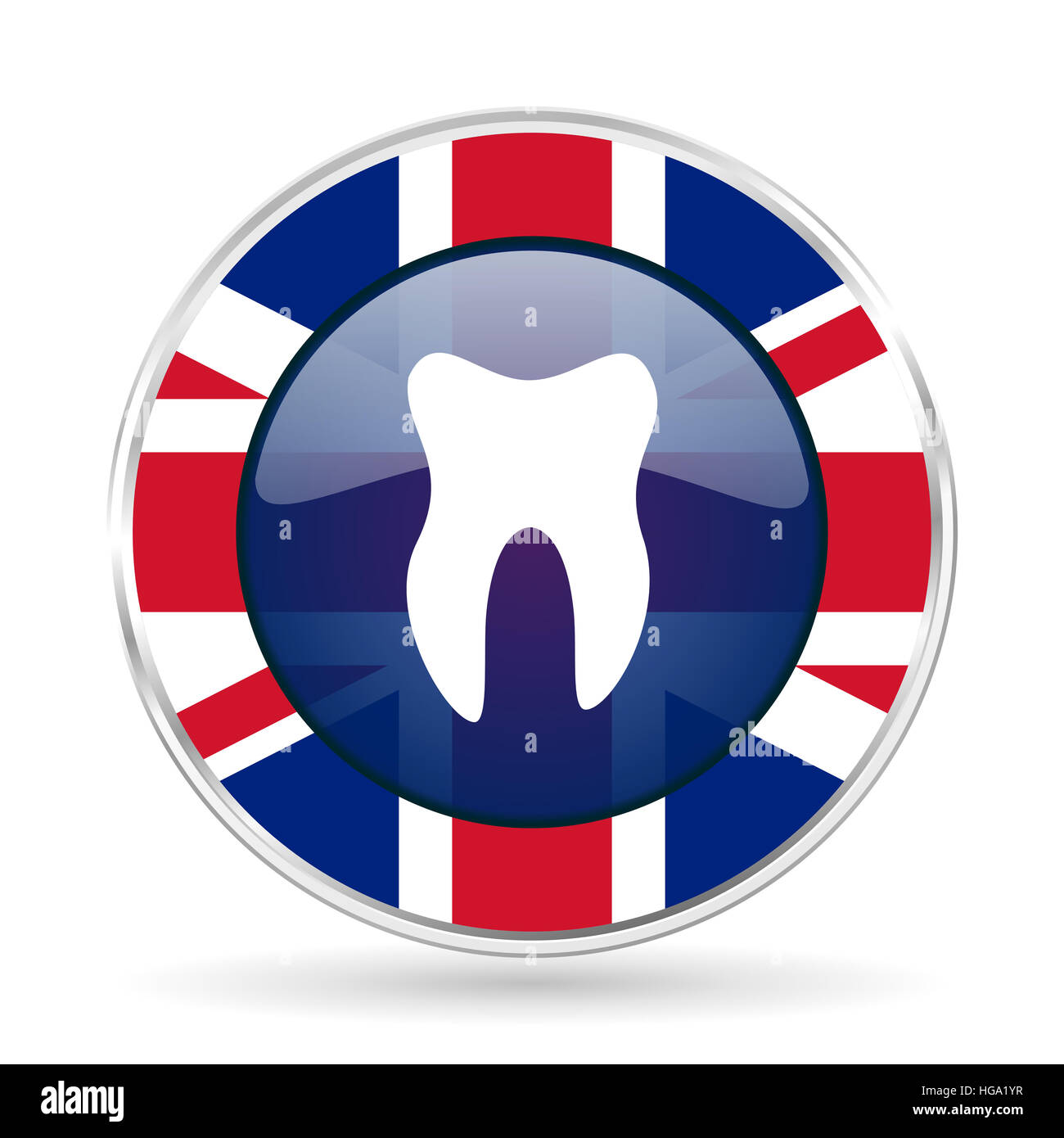 tooth british design icon - round silver metallic border button with Great Britain flag Stock Photo