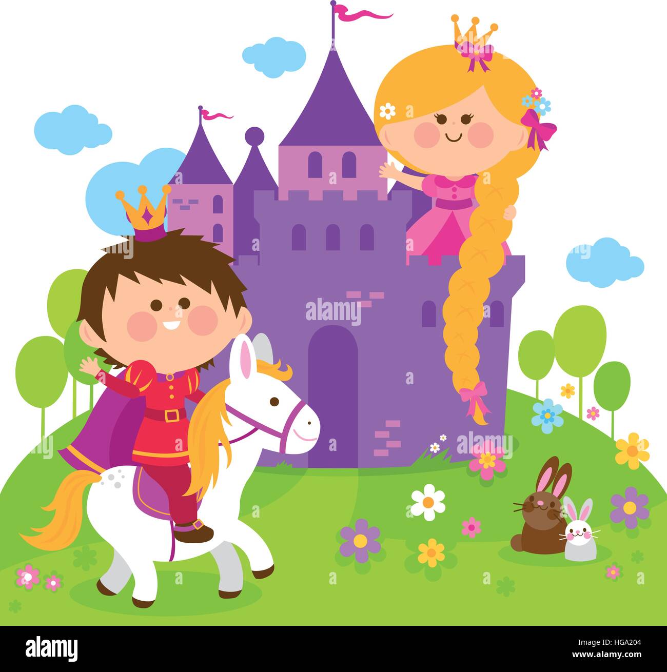 Rapunzel fairy tale princess at the castle and prince riding a horse Stock  Vector Image & Art - Alamy