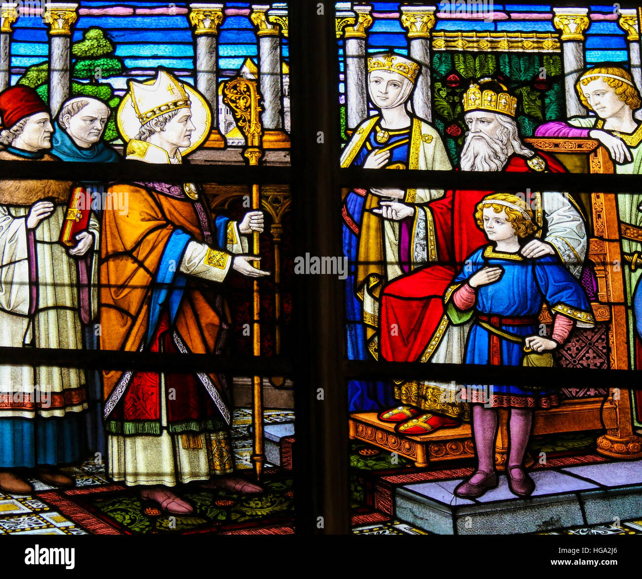 Stained Glass depicting Saint Lambert or Lambertus of Maastricht, in Mechelen Cathedral, Belgium. Stock Photo
