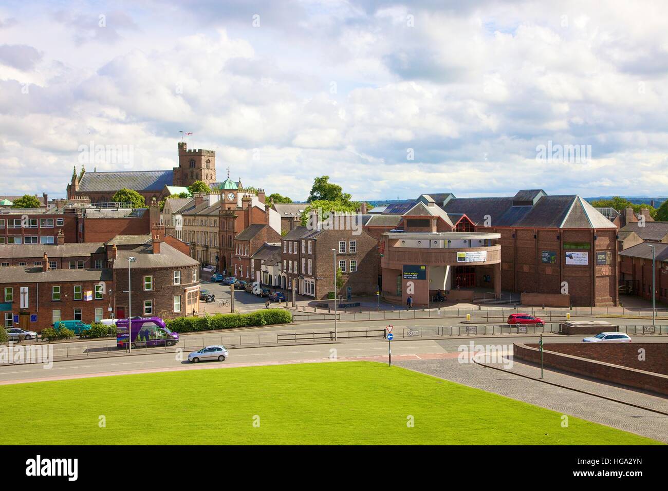 View from Carlisle Castle of Castle Way. Tullie House Museum (right) and Carlisle Cathedral in the distance. Carlisle, Cumbria, England Stock Photo