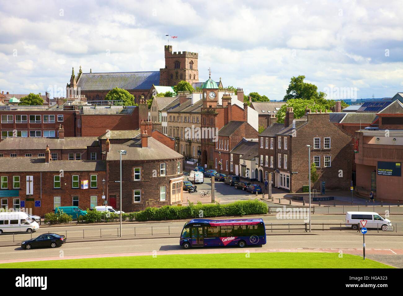 View from Carlisle Castle of Castle Way. Tullie House Museum (right) and Carlisle Cathedral in the distance. Carlisle, Cumbria, England, UK Stock Photo