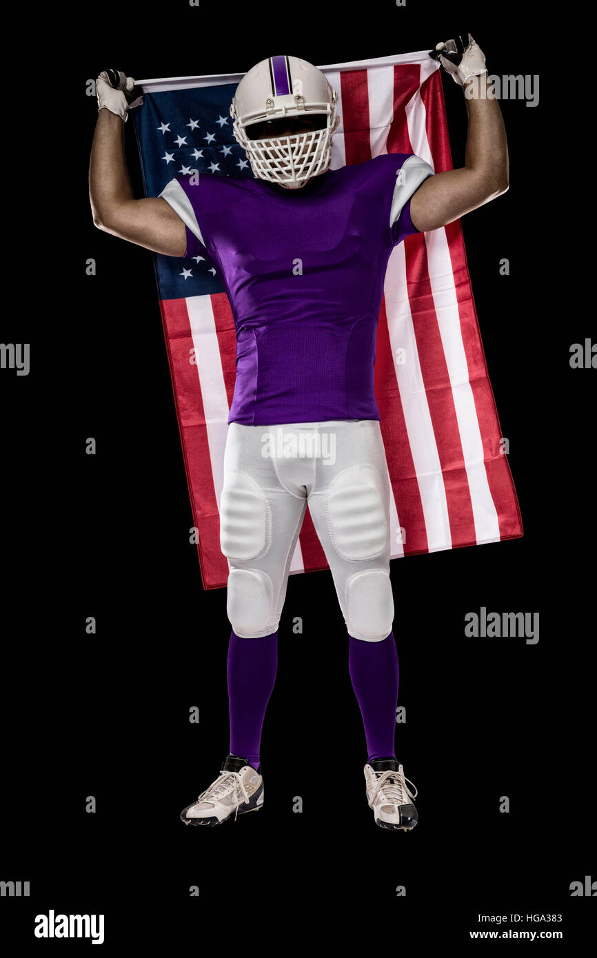 Football Player with a purple uniform and a american flag, on a black ...