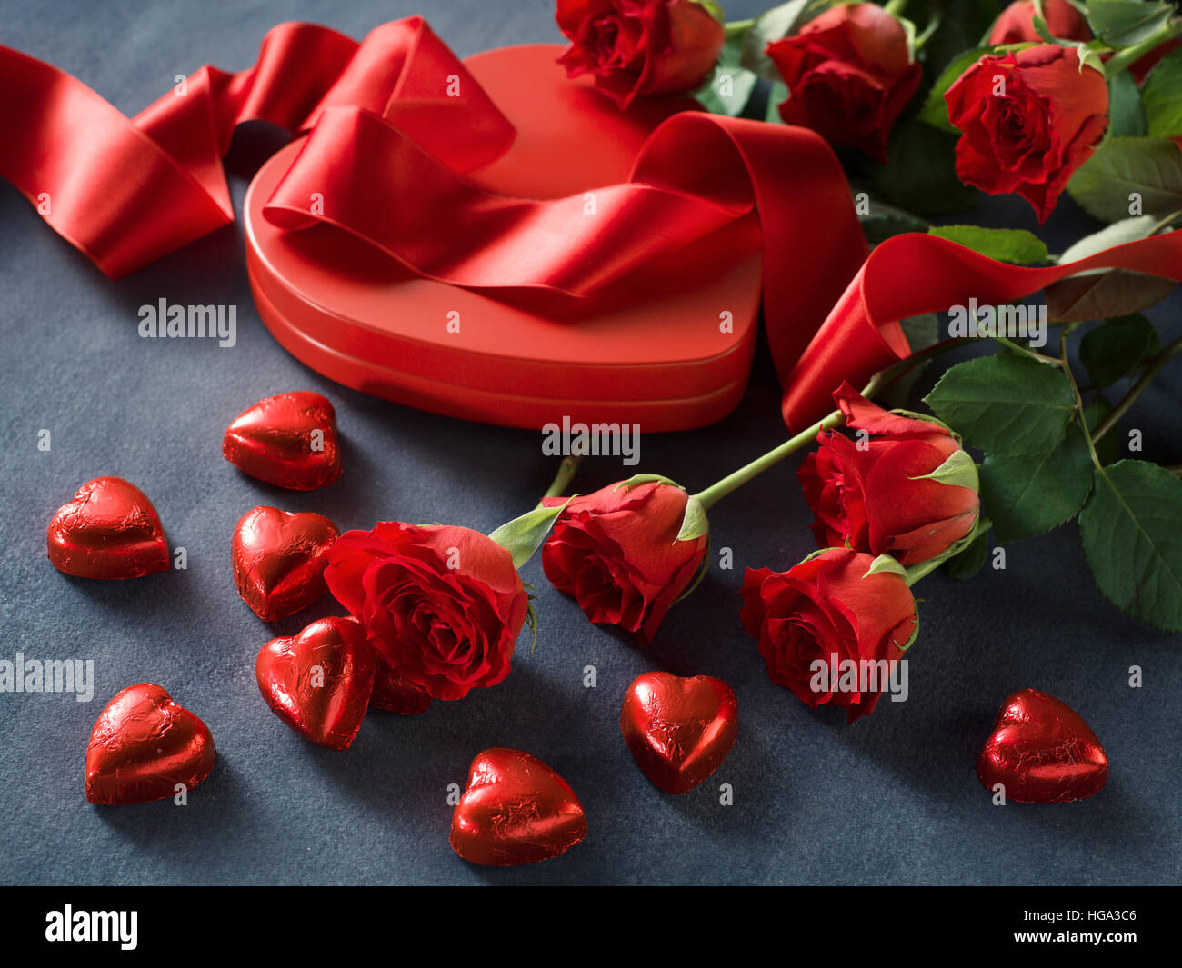 Roses and a hearts on grey paper. Valentines Day background, wedding ...