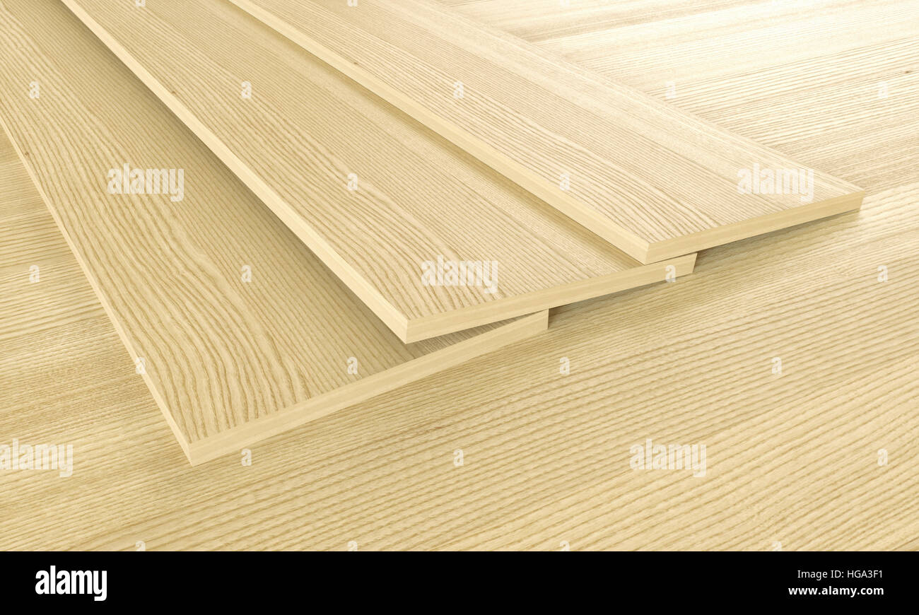 Parquet examples on wooden floor - 3D Rendering Stock Photo