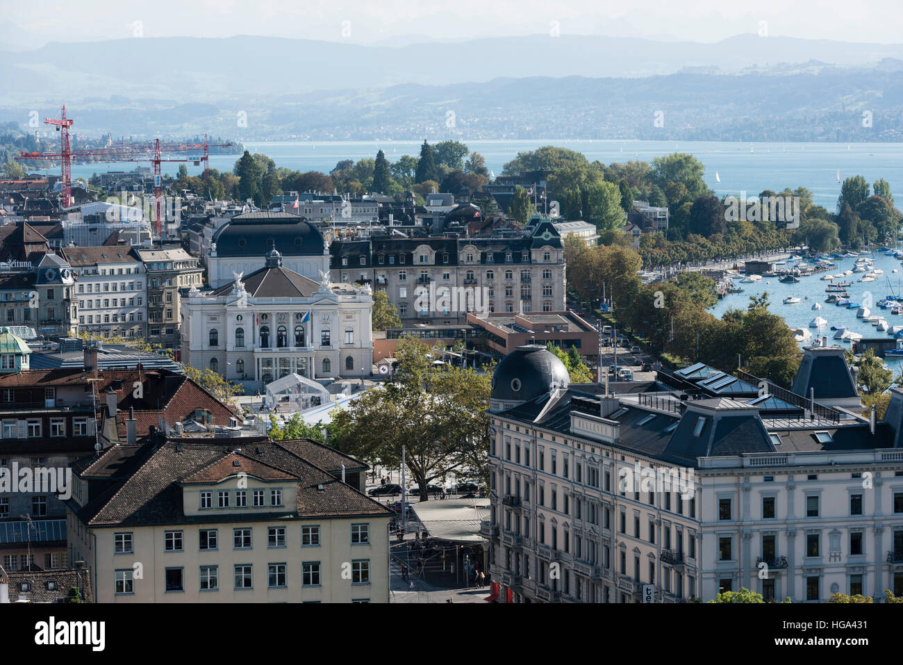 Zurich's Opera house (middle) and lake Zurich, seen from the observation deck of Grossmunster cathedral. Stock Photo