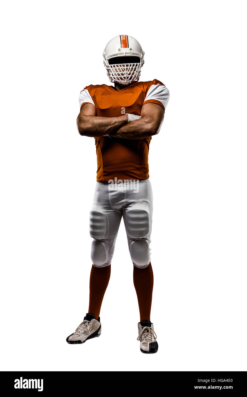 Football Player with a orange uniform on a white background Stock Photo