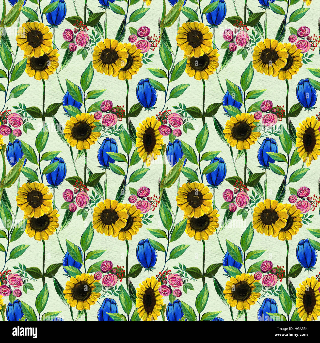 Seamless pattern with blue yellow and pink flowers Stock Photo - Alamy