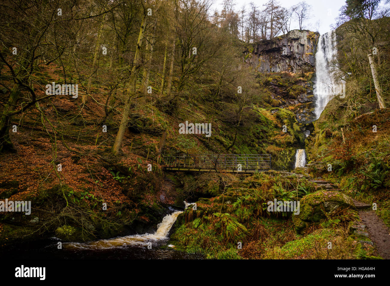 Natural phenomena in the UK: Pistyll Rheadr waterfall,  Llanrheadr ym Mochnant, Powys Wales UK Christmas Day, 25 December 2016 - often referred to as the tallest highest waterfall in England and Wales,  with the waters of the River Disgynfa falling over 73 m (240 foot) . One of the 'Seven Wonders of Wales ' and a Site of Special Scientific Interest (SSSI) Stock Photo