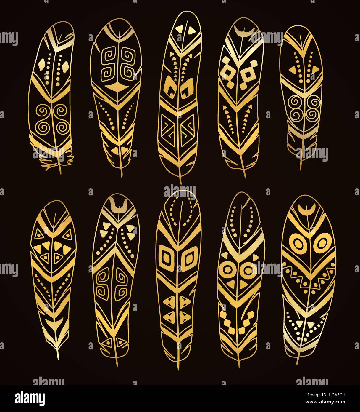Hand drawn golden ethnic feathers set isolated on brown background ...