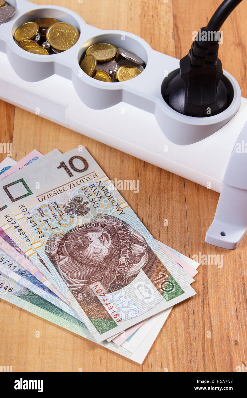 Electrical Power Strip With Connected Plug And Polish Currency Money On ...