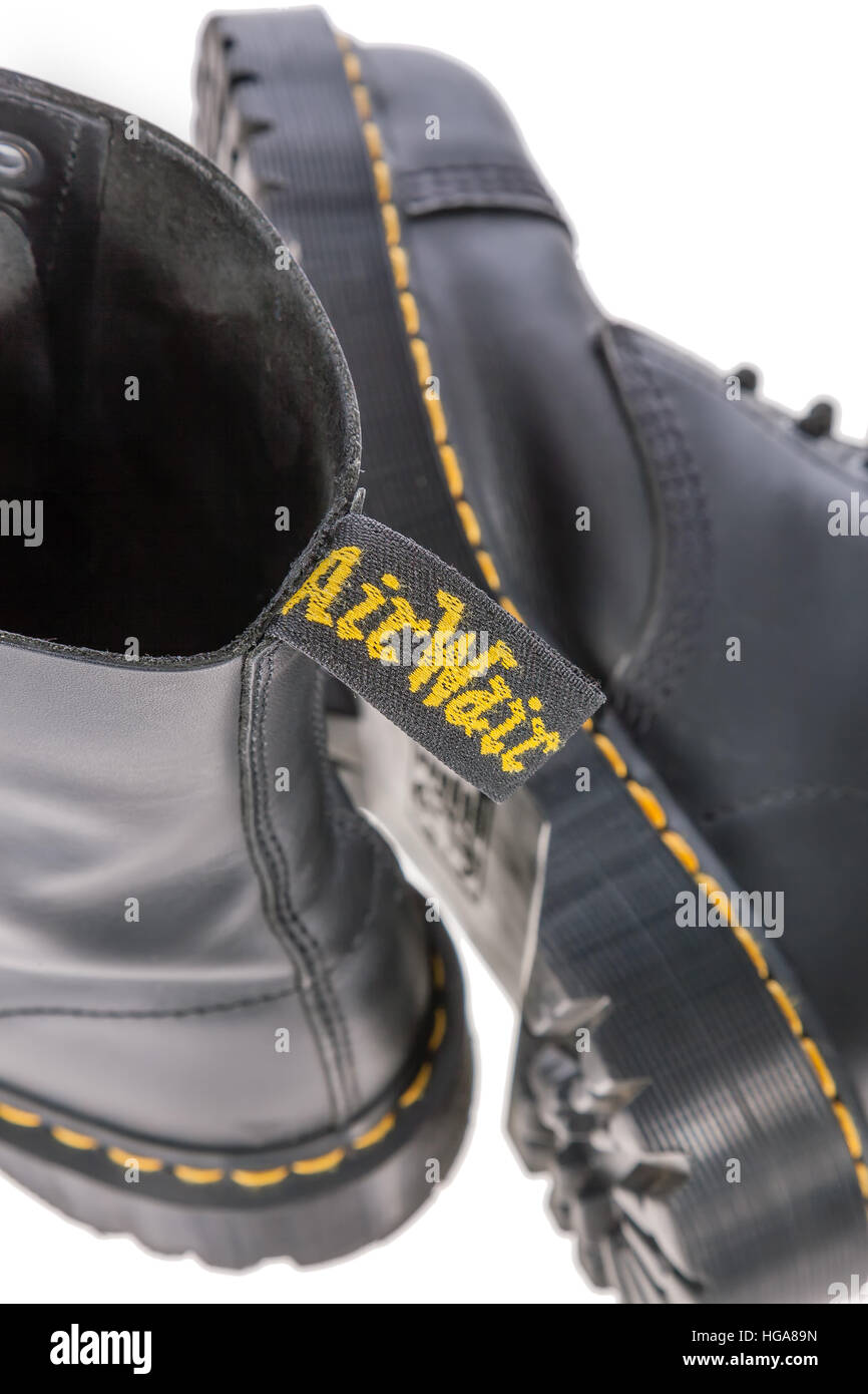 Lisbon, Portugal - March 16, 2010: Air Wair tag on a Dr. Martens black  leather work boots with steel toe and military style Stock Photo - Alamy