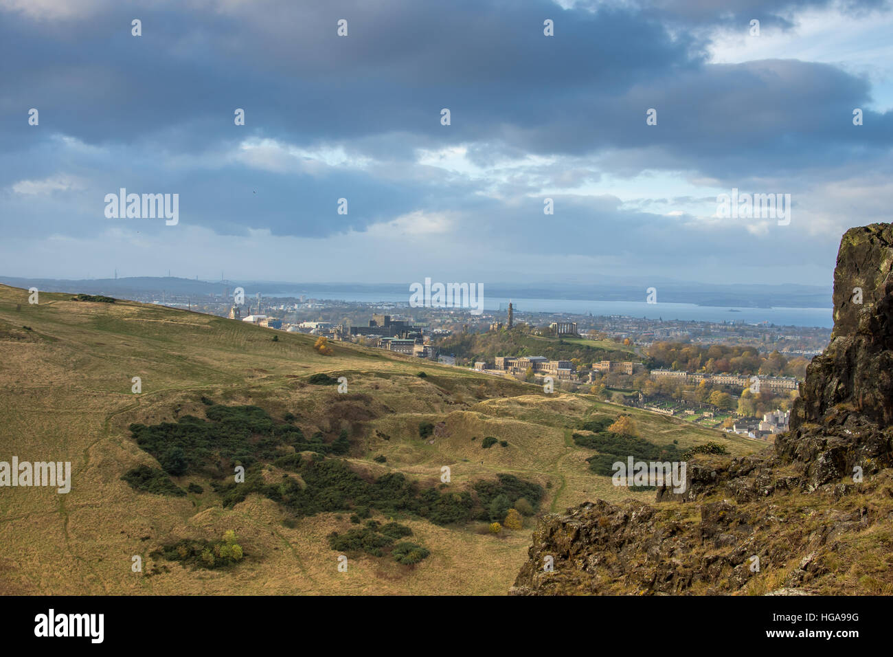 View of Calton hill from Arthur's seat. An extinct volcano overlooking Edinburgh Stock Photo