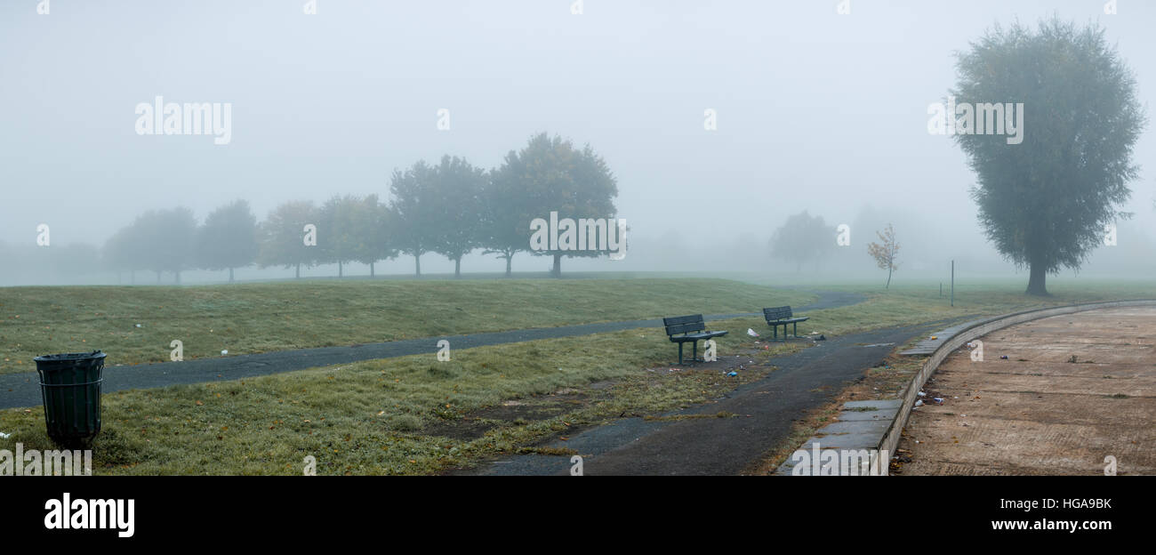 Heavy dense fog at a park Stock Photo