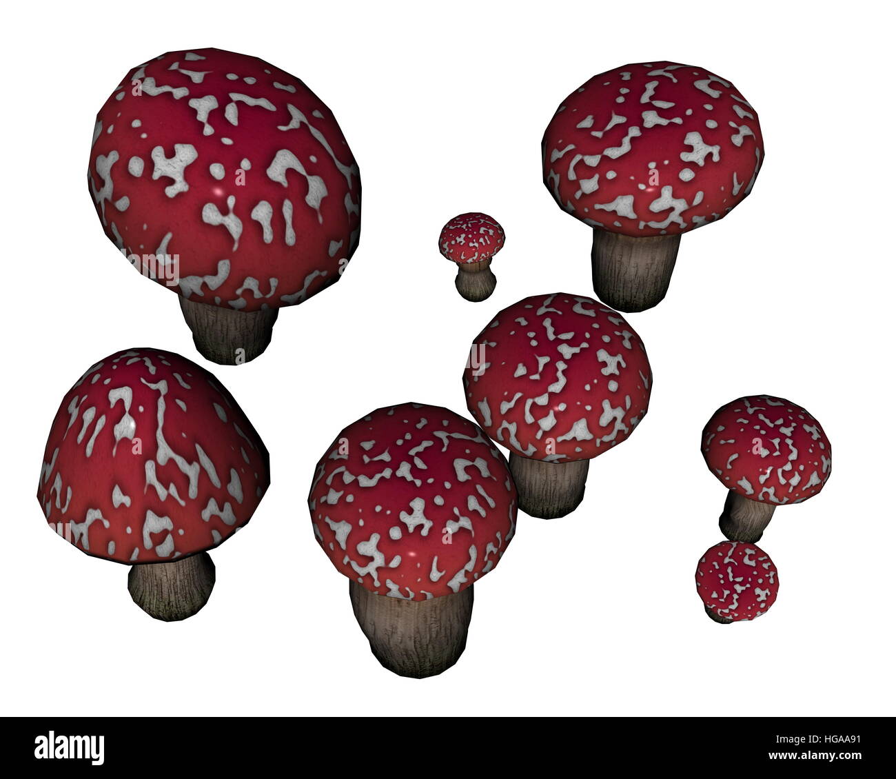 Red amanita muscaria mushrooms isolated in white background - 3D render