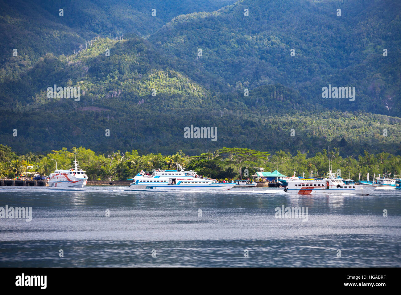 Ferry boats in the harbour of Ambon, Central Maluku, Maluku, Indonesia. Stock Photo