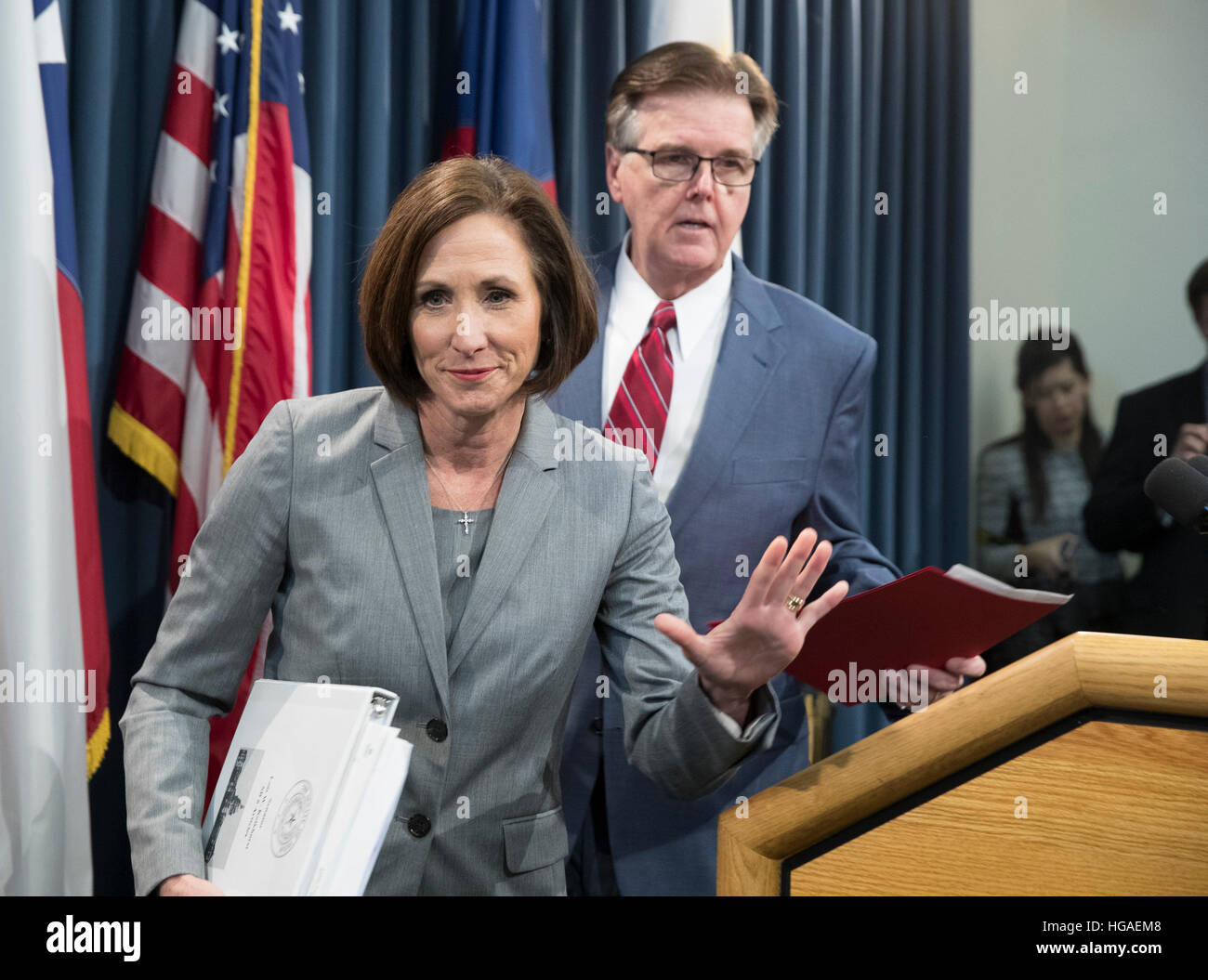 Texas Sen. Lois Kolkhorst, (R-Brenham) and Lt. Gov. Dan Patrick outline the filing of Senate Bill 6 a privacy protection measure known as the 'bathroom bill'. The bill would require transgender Texans to use their birth gender in determining bathroom use Stock Photo