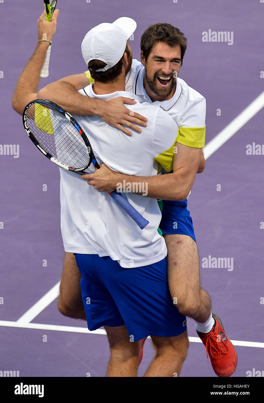 Doha. 6th Jan, 2017. Jeremy Chardy (R) of France celebrates with his  partner and compatriot Fabrice Martin after winning the ATP Qatar Open  tennis tournament doubles final match against Vasek Pospisil of