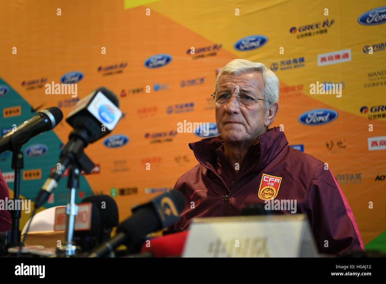 Nanning, Nanning, China. 6th Jan, 2017. Nanning, CHINA-January 6 2017: (EDITORIAL USE ONLY. CHINA OUT) Marcello Lippi, coach of Chinese football team, attends a press conference before China Cup 2017 in Nanning, capital of southwest China's Guangxi Zhuang Autonomous Region, January 6th, 2017. Lippi said that Chinese football team would try their best and they would train and select more young football players during the China Cup 2017. © SIPA Asia/ZUMA Wire/Alamy Live News Stock Photo