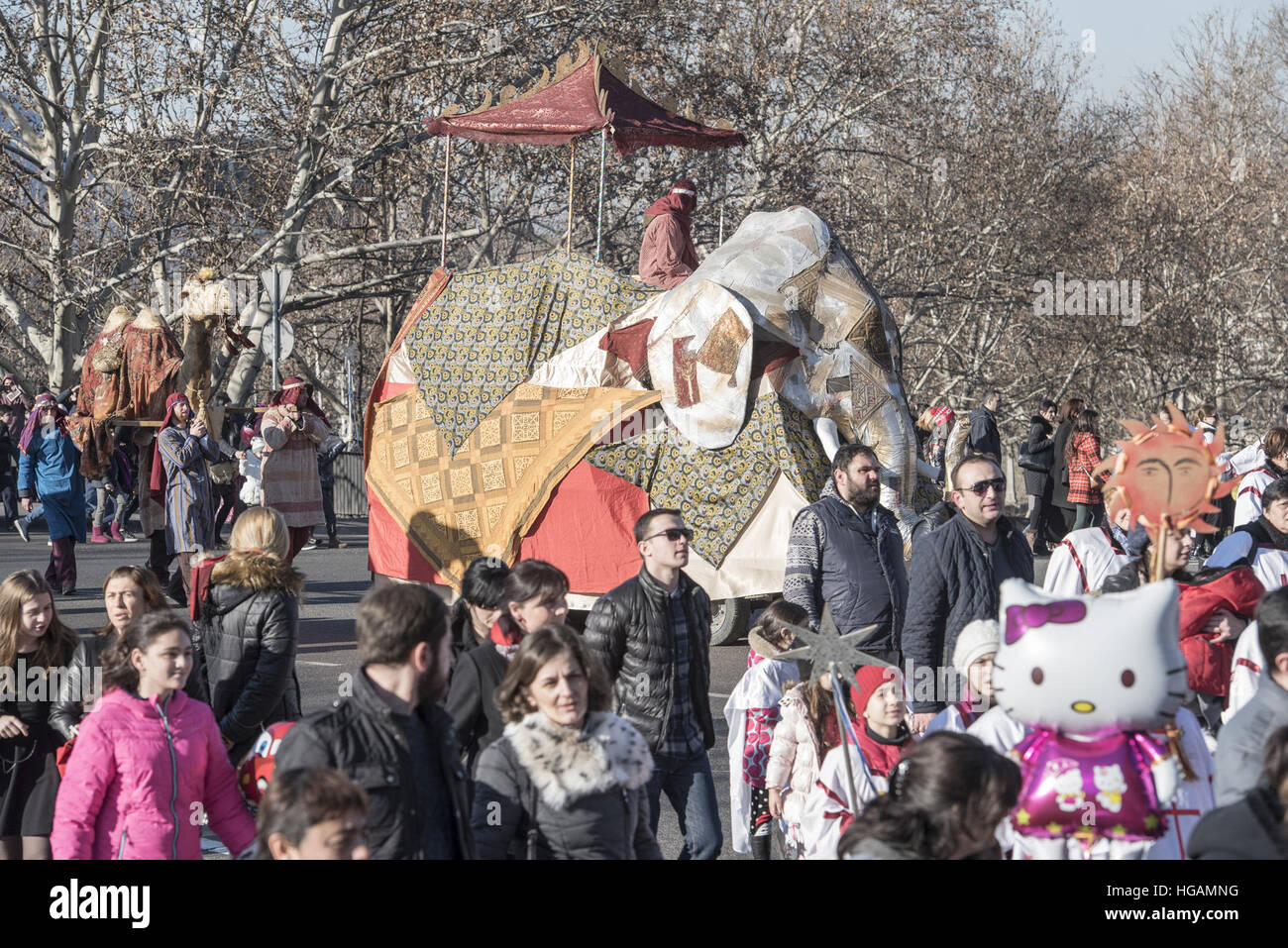 Tbilisi, Georgia. 7th Jan, 2016. Georgian people march during Alilo, a  religious procession, to celebrate the Orthodox Christmas in Tbilisi,  capital of Georgia, on Jan. 7, 2016. Georgians celebrate Christmas on Jan.