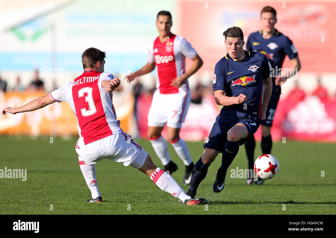Ferreiras, Portugal. 7th Jan, 2017. Leipzig's Marcel Sabitzer and Ajax's Joel Veltman (l) vie for the ball during a soccer friendly between RB Leipzig and Ajax Amsterdam in Ferreiras, Portugal, 7 January 2017. Photo: Jan Woitas/dpa-Zentralbild/dpa/Alamy Live News Stock Photo