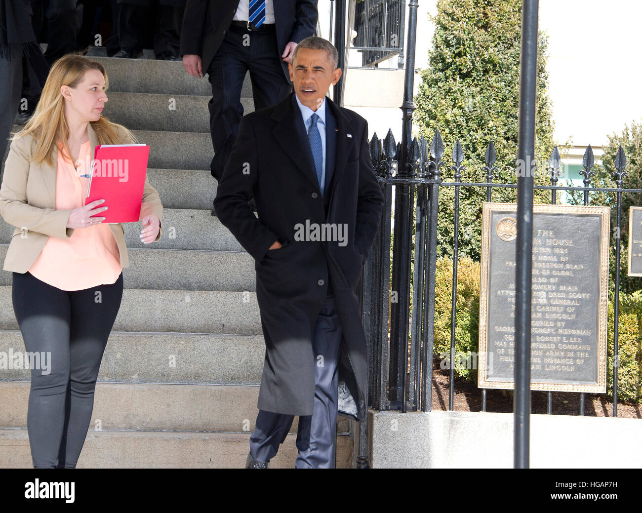 United States President Barack Obama departs Blair House to walk back to the White House following his interview with Vox in Washington, DC on Friday, January 6, 2017. During the course of the interview he defended the and challenged the GOP-led Congress to come up with a better plan. Credit: Ron Sachs/Pool via CNP - NO WIRE SERVICE - Photo: Ron Sachs/Consolidated News Photos/Ron Sachs - Pool via CNP Stock Photo