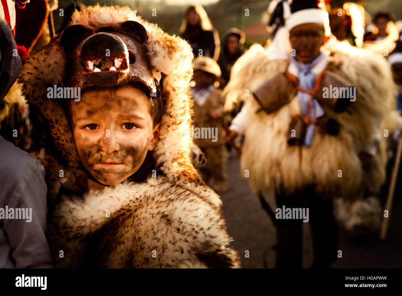Silio, Spain. 7th January, 2017. La Vijanera takes place every year in a small town of less than 600 habitants. Locals dress up as various characters and dance and parade through the village streets. © Tom Bourdon/Alamy Live News Stock Photo