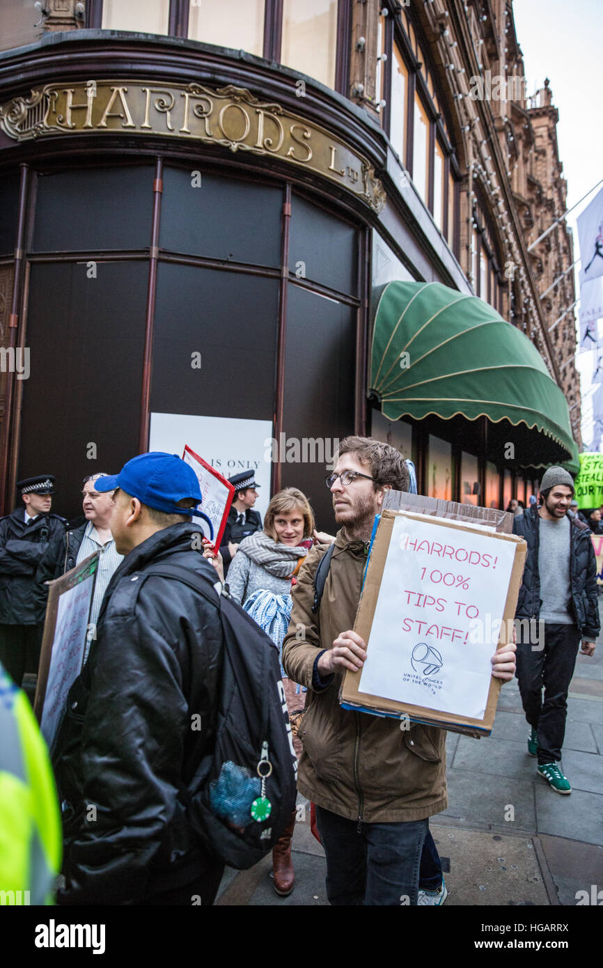 London, UK. 7th January, 2017. Members and supporters of the United Voices of the World trade union protest outside Harrods against the store’s retention of up to 75% of the 12.5% service charge added to the bills of diners in its luxury restaurants. Credit: Mark Kerrison/Alamy Live News Stock Photo