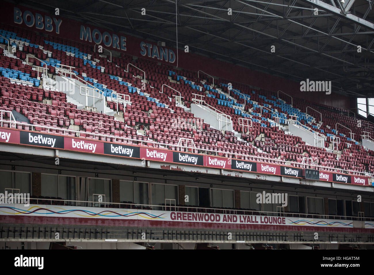 London, UK. 7th January 2017. The lower tier of the Bobby Moore Stand at West Ham United's former Boleyn Ground stadium has now been stripped as part of demolition works in preparation for the Upton Gardens development. Credit: Mark Kerrison/Alamy Live News Stock Photo