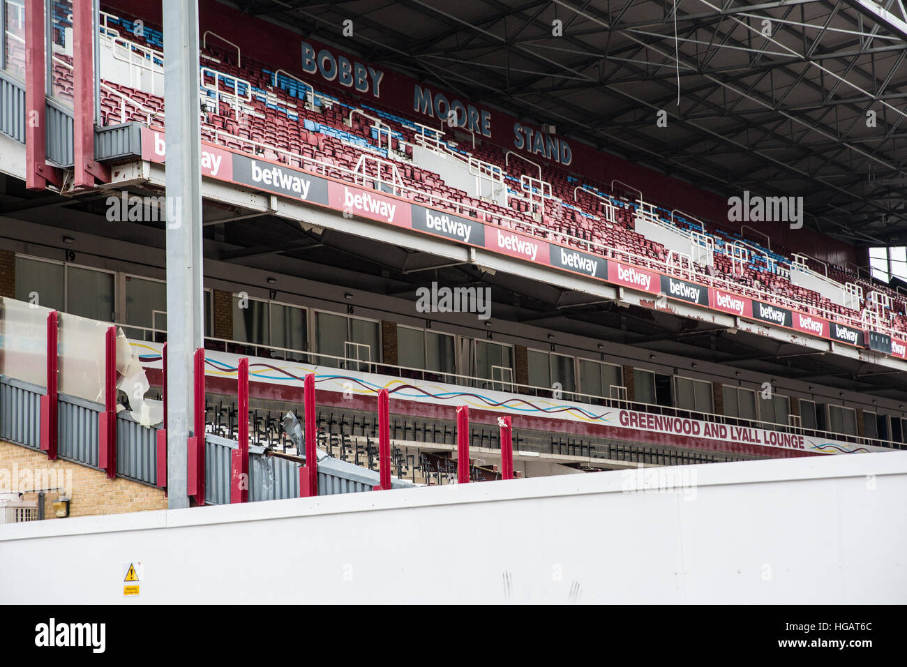 London, UK. 7th January 2017. The lower tier of the Bobby Moore Stand at West Ham United's former Boleyn Ground stadium has now been stripped as part of demolition works in preparation for the Upton Gardens development. Credit: Mark Kerrison/Alamy Live News Stock Photo