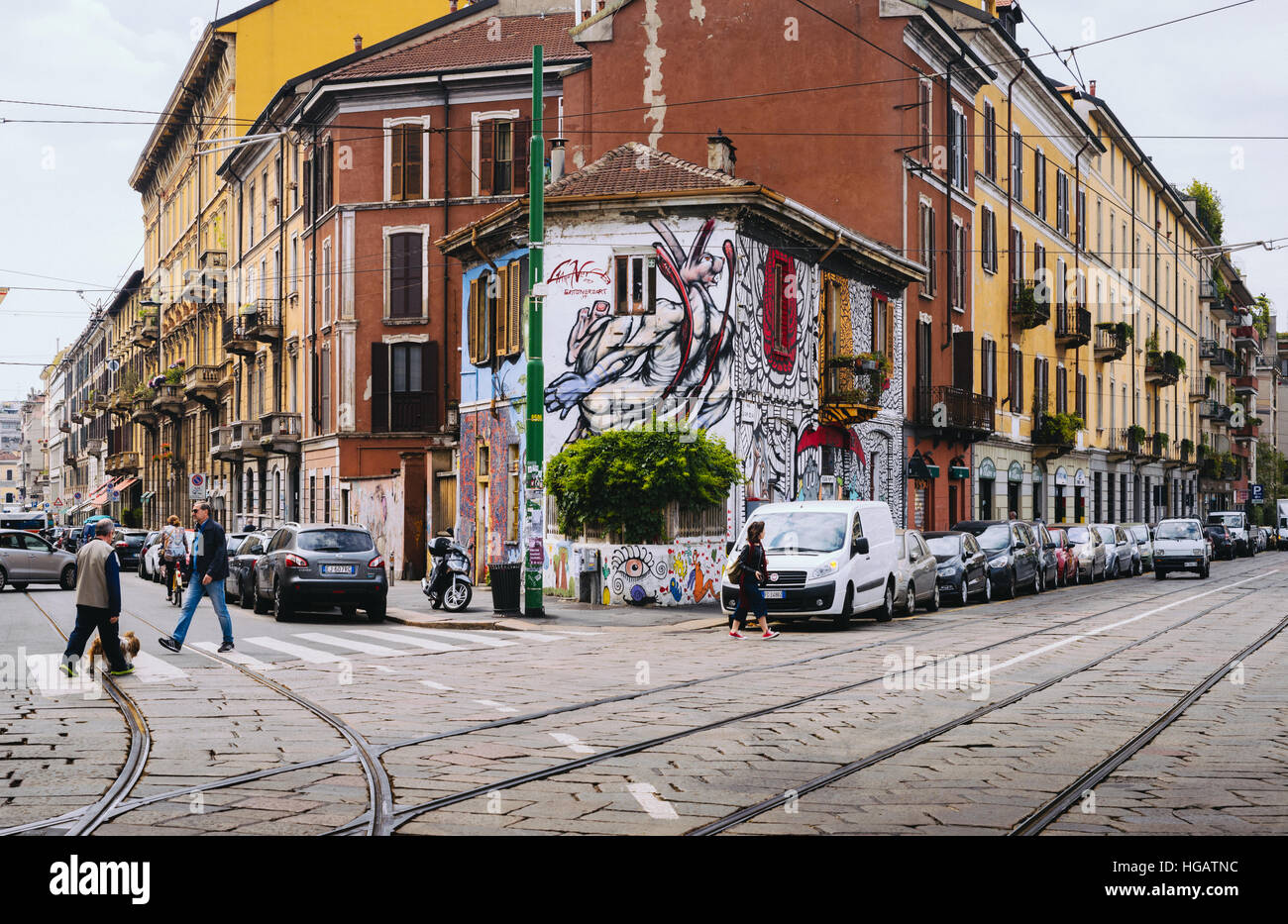 Urban graffiti and degrade in the Navigli area in Milan, Italy. Stock Photo