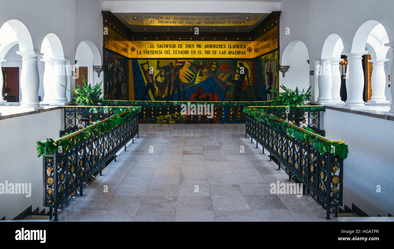 Mural of discovery of Amazon by Oswaldo Guayasamin in central staircase of Palacio de Carondelet (Presidential Palace) / Quito, Stock Photo