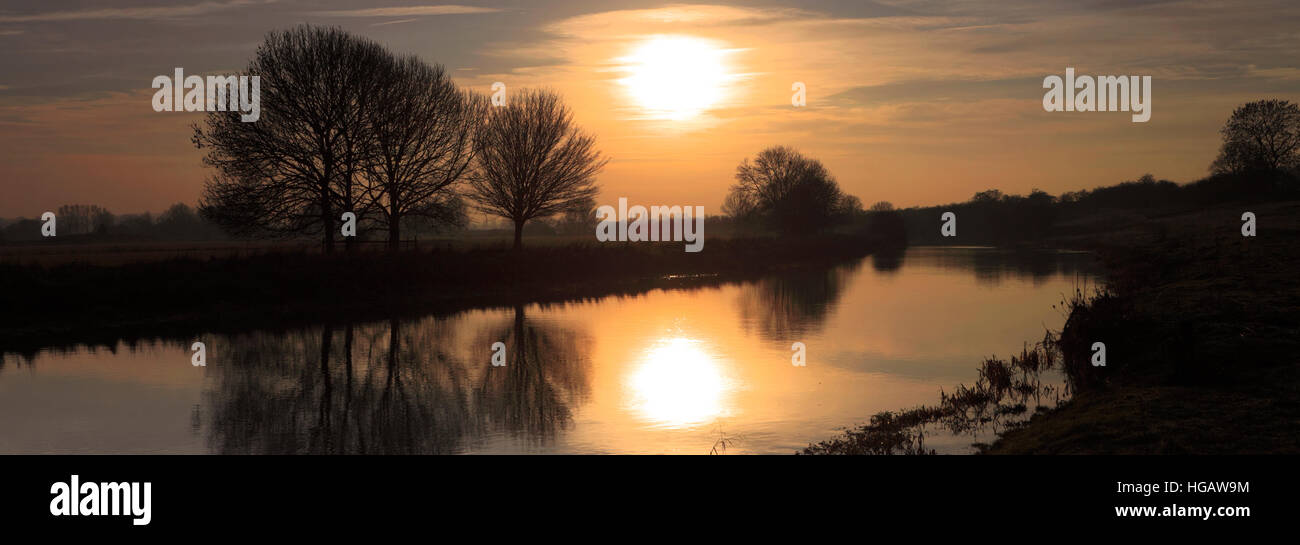 Winter Sunset; river Nene; Castor backwaters; Peterborough; Cambridgeshire; England; UK Stock Photo