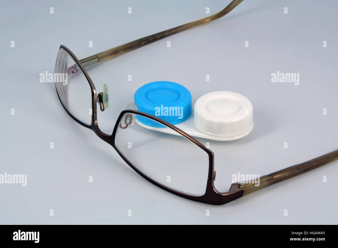 Spectacles and contact lenses. Eye glasses, and lenses box. Stock Photo