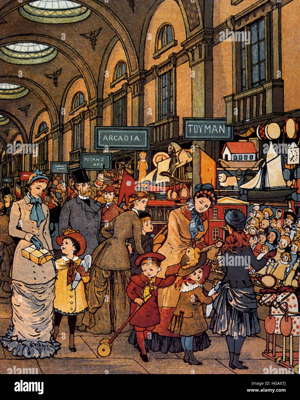 LONDON TOWN Illustrated book by Thomas Crane and Ellen Houghton published in 1883. Shoppers in Lowther Arcade off The Strand,London Stock Photo