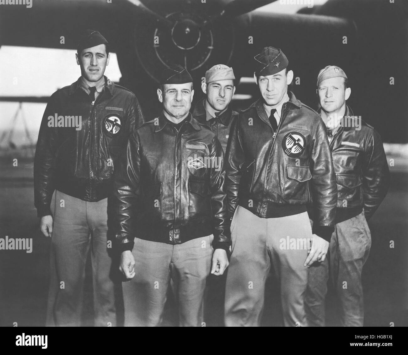 Vintage WWII photo of the Doolittle Tokyo Raiders posing in front of a B-25. Stock Photo