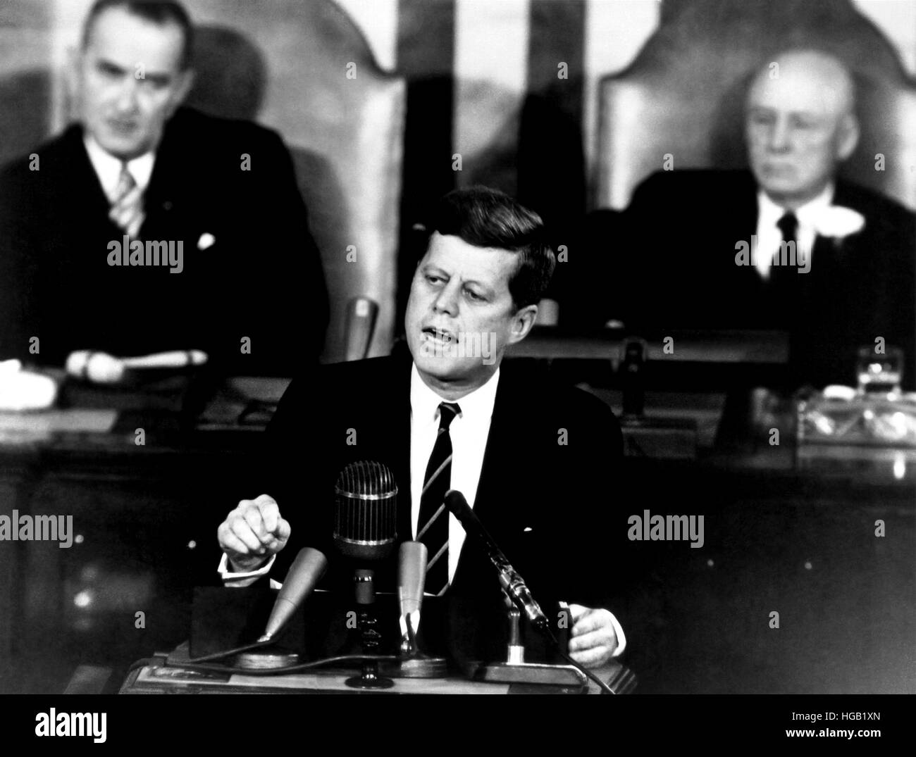 President John F. Kennedy announcing the moon landing mission. Stock Photo