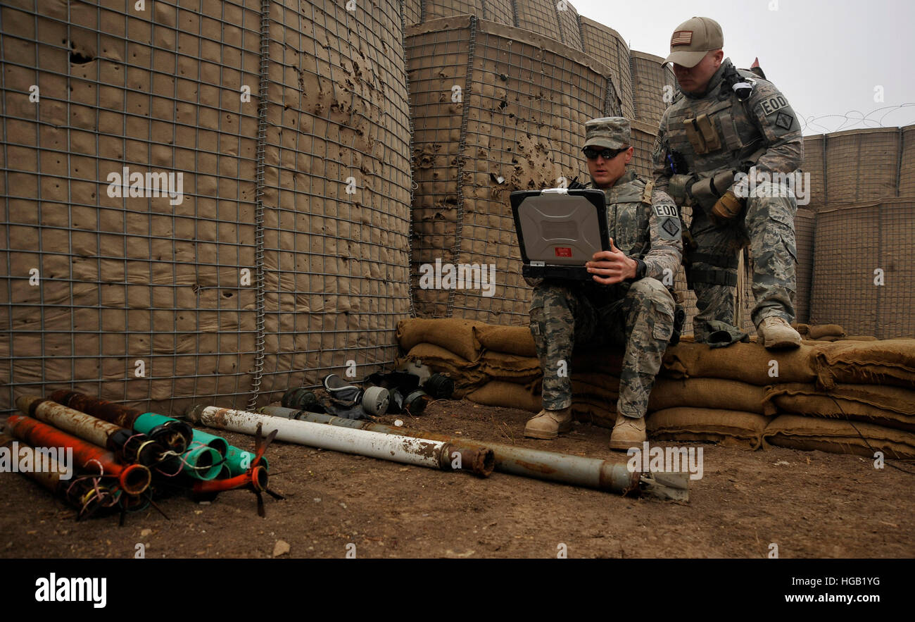 U.S. Air Force Soldiers collect data on explosives. Stock Photo