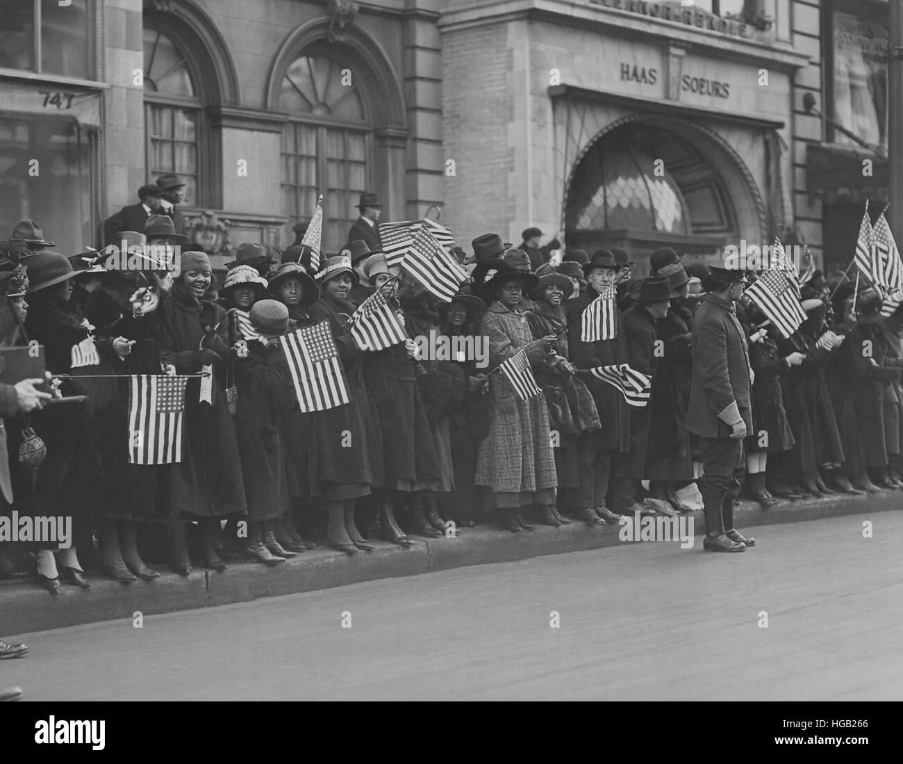 Crowds waiting for the parade of the 369th Infantry in New York City. Stock Photo