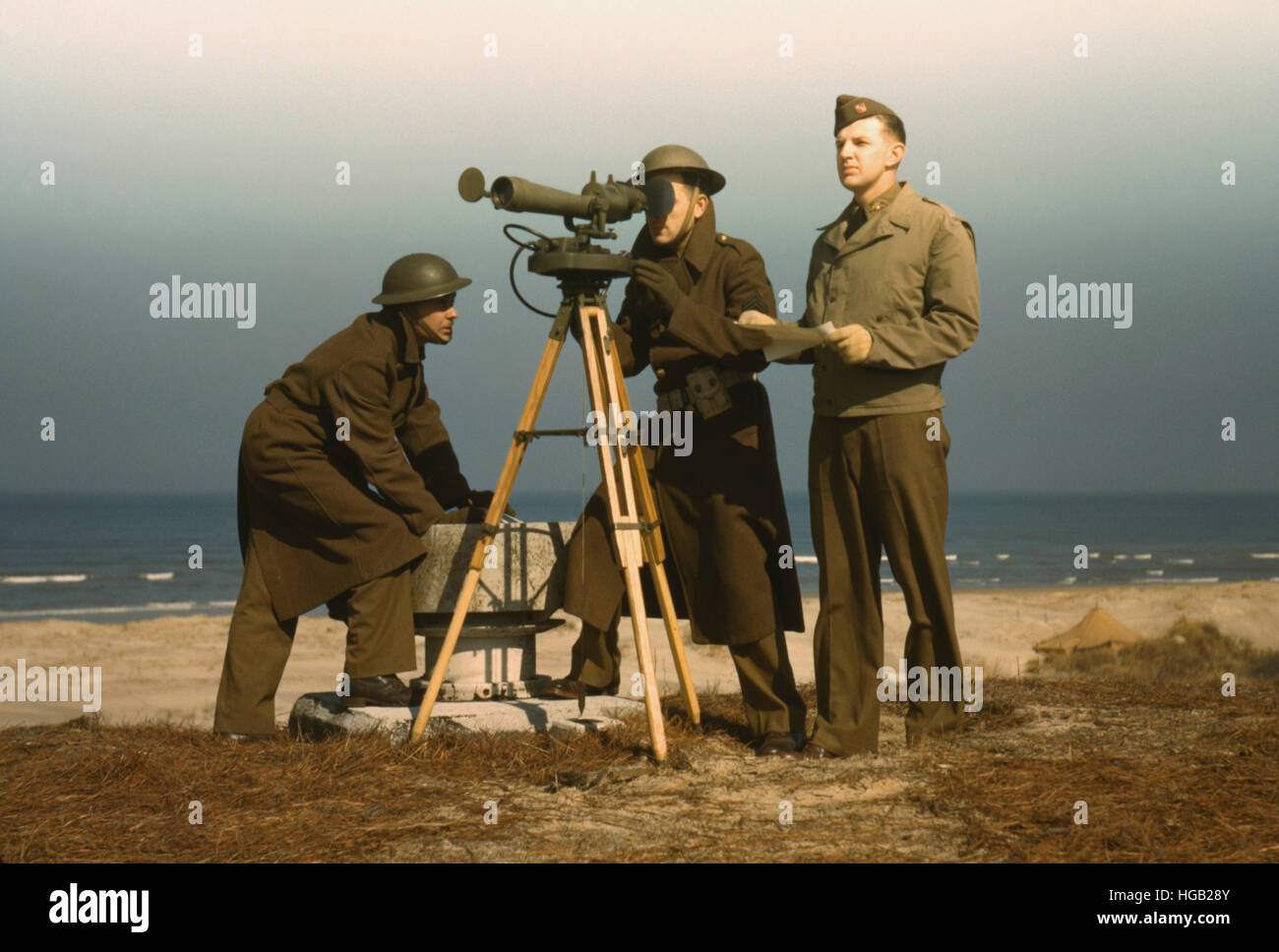 Men of Fort Story operate an azimuth instrument, circa 1942. Stock Photo