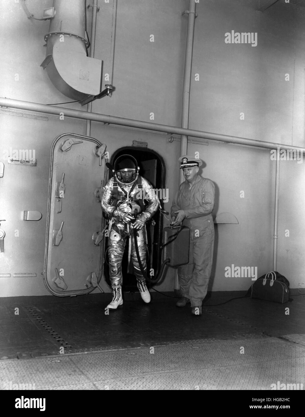 Commander Malcom D. Ross in his space suit aboard USS Antietam during Project Strato-Lab, 1961. Stock Photo