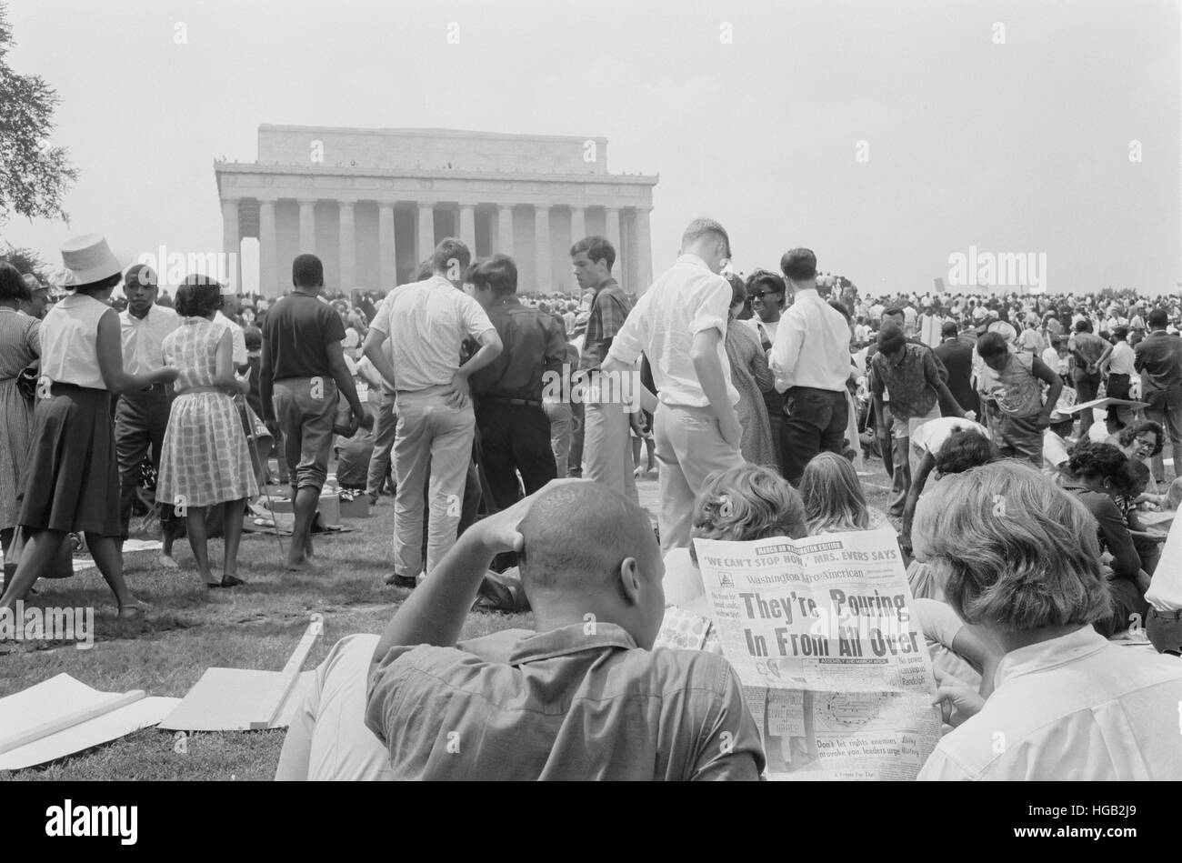 Crowd of African Americans and whites on the grounds of the Lincoln Memorial in Washington D.C., 1963. Stock Photo