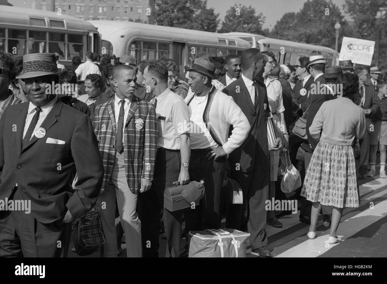 Marchers arriving by bus at the March on Washington in Washington, D.C., 1963 Stock Photo