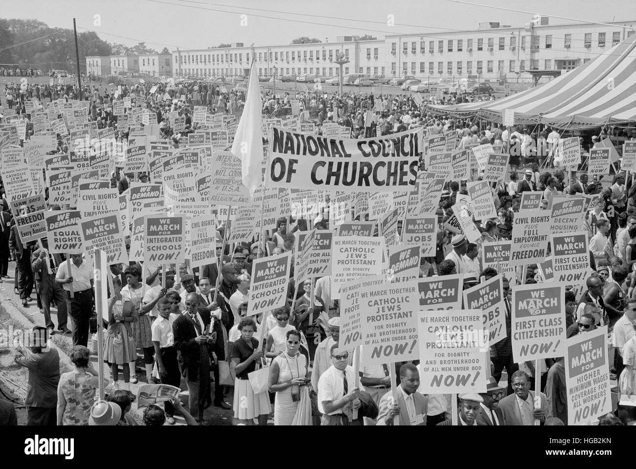 August 28, 1963 - Marchers, signs, and tent at the March on Washington. Stock Photo