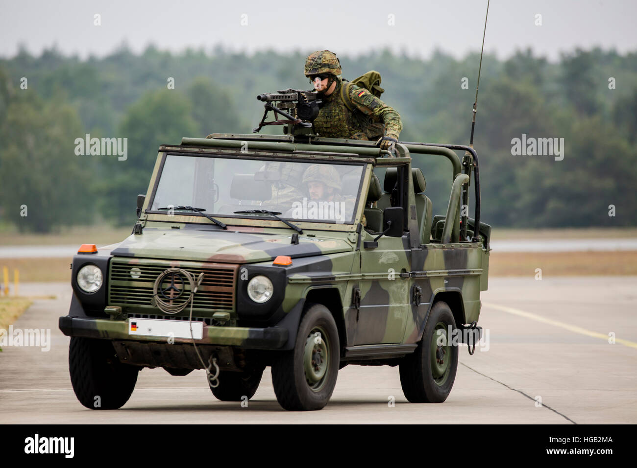 German Army paratroopers in a  jeep with machine gun mounted. Stock Photo