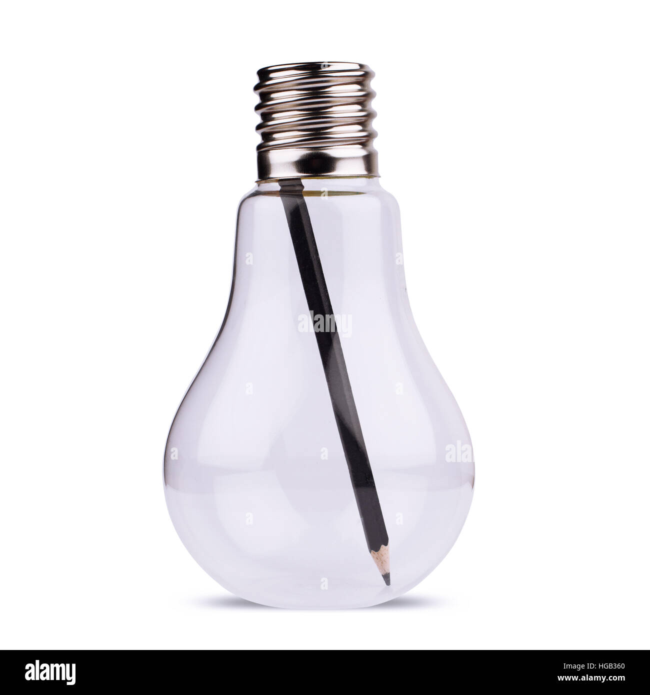 front view of a large light bulb with black pencil inside, concept for ideas, creativity. Isolated on white. Stock Photo