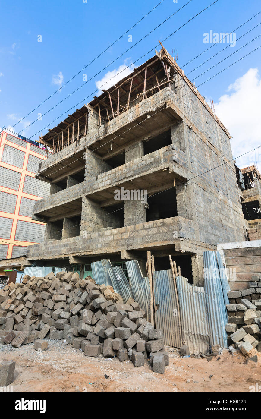 A small appartment building under construction in the village of Tassia in Nairobi, Kenya. Stock Photo