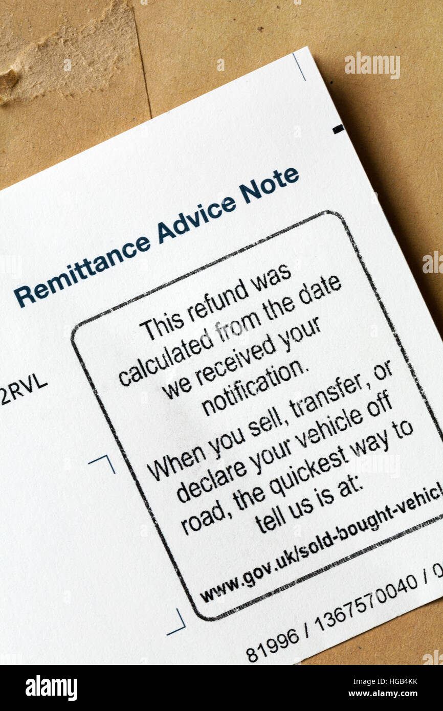 Remittance Advice Note for refund of unused tax on vehicle from Department for Transport, DVLA Stock Photo