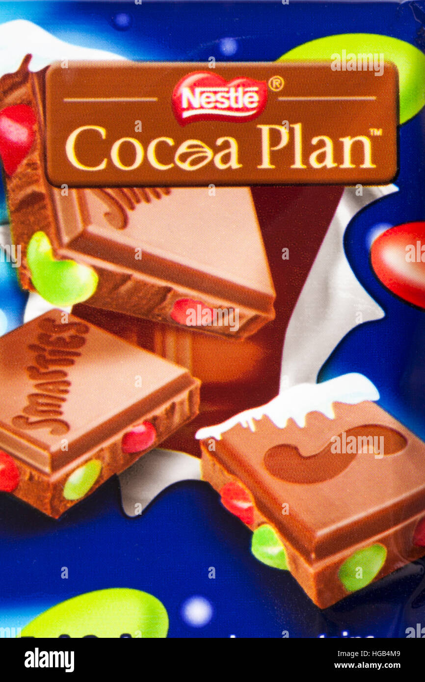 Nestle Cocoa Plan - detail on bar of Nestle Smarties Festive Sharing Block of chocolate Stock Photo